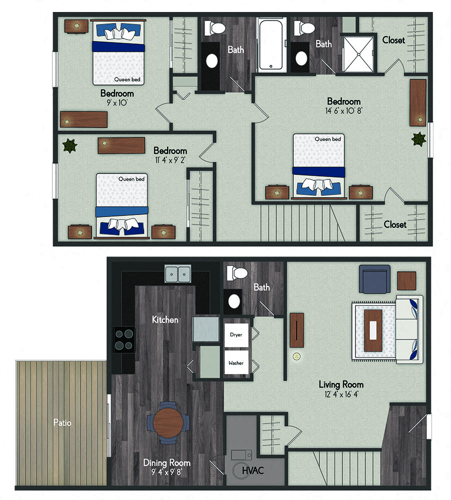 Floor plan for 3 beds, 2.5 baths, 1200 sqft